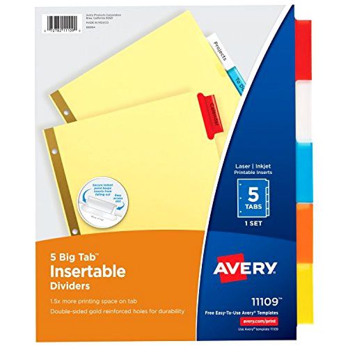 Avery Big Tab Insertable Dividers, Buff Paper, 5 Multicolor Tabs, 1  Set (11109)