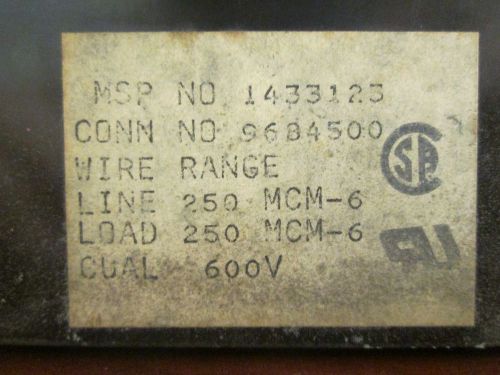 Marathon power distribution block, 1433125, line 250mcm, load 250mcm, 3p, used for sale