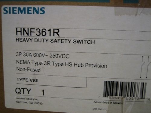 Siemens/ITE HNF361R Safety Switch Heavy Duty 600V  3P 30A Non-Fused Nema 3R