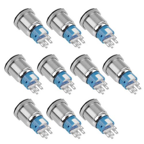 10pcs 19mm 12V Blue LED Ring Illuminated ON/Off Metal Push Button  Flat For DIY