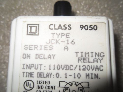 (V4-1) 1 NEW SQUARE D 9050-JCK-16 120VAC 0.1-10MIN ON DELAY TIMING RELAY