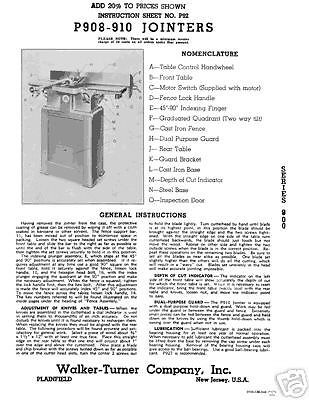 Walker-Turner P908 P910 Jointer Manual Series 900