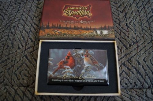 NIB AMERICAN EXPEDITION STAINLESS STEEL BUSINESS CARD HOLDER BIRD CARDINAL SNOW