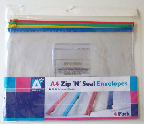 PACK OF 4 A4 ZIP &#039;N&#039; SEAL CLEAR ENVELOPES