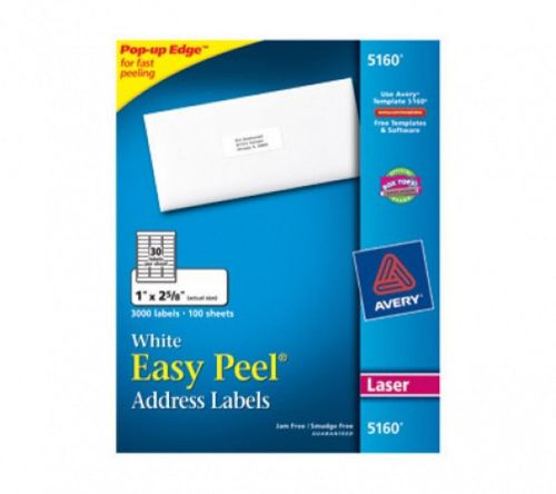 Avery  5160 &#034;Easy Peel&#034; Labels 1&#034;x2 5/8&#034; 3000 pk Genuine