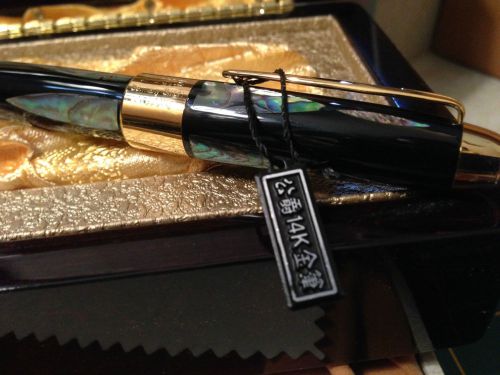 NIB $699 DUKE GmbH WGERMANY ALBALONE AND LACQUER 14K GOLD FTN PEN  BURLWOOD CASE