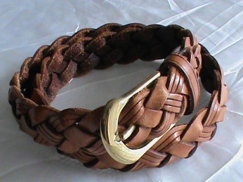 LANDS END 28 unisex men&#039;s ladies 1 1/8&#034; leather belt braided brown tan 34&#034; long