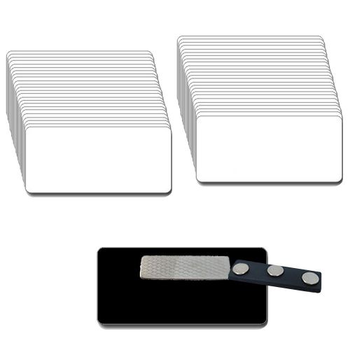 50 BLANK 1 1/2 X 3 WHITE/BLACK NAME BADGES TAGS 1/8&#034; CORNERS &amp; MAGNETIC FASTENER