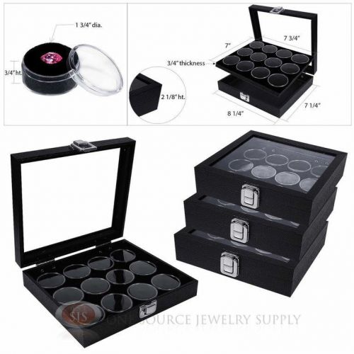 (4) Black 12 Gem Jar Inserts w/ Glass Top Display Cases Gemstone Storage Jewelry