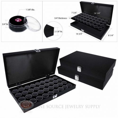 (3) Black Wooden Solid Top Display Cases w/ 3 Black 36 Gem Jar Gemstone Inserts