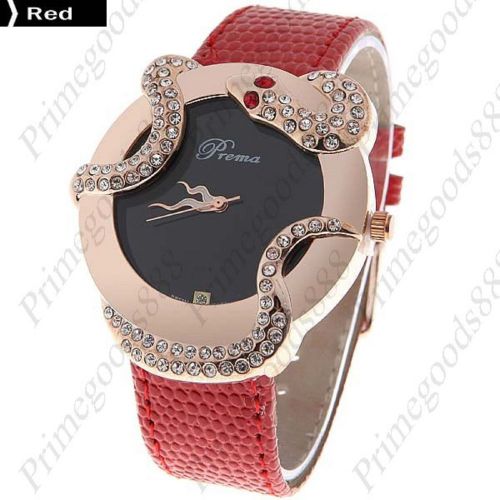 Snake PU Leather Band Rhinestone Quartz Wrist Wristwatch Women&#039;s Red