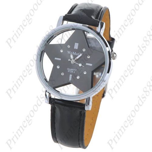 Star round synthetic leather wrist quartz lady ladies wristwatch women&#039;s black for sale