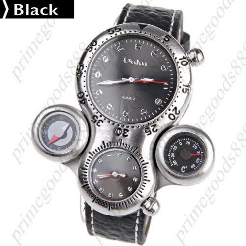 Dual Time Zone Display Quartz Wrist Thermometer Compass Free Shipping Black