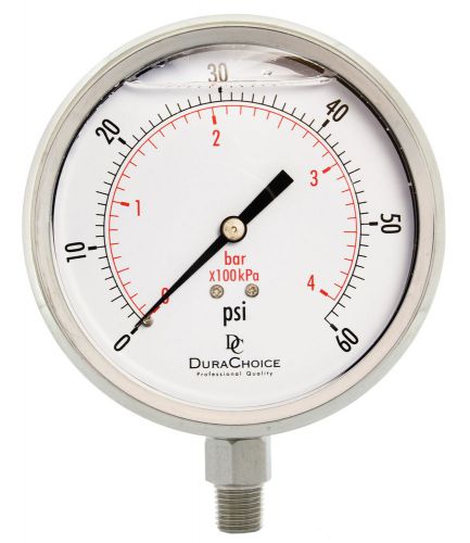 4&#034; All Stainless Steel Oil Filled Pressure Gauge - 1/4&#034; NPT Lower Mount 60PSI