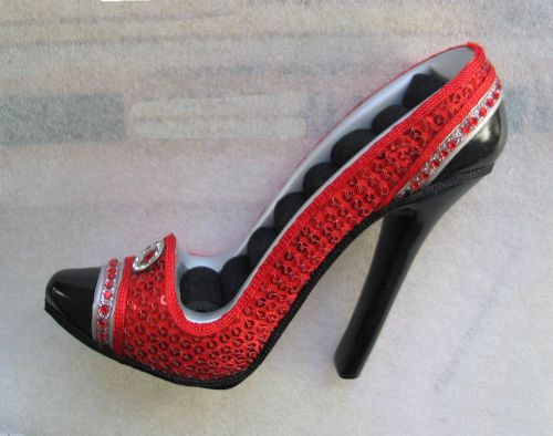 Red Rhinestone High Heel Shoe Jewelry 7-Ring Storage Display Holder Decor MINT