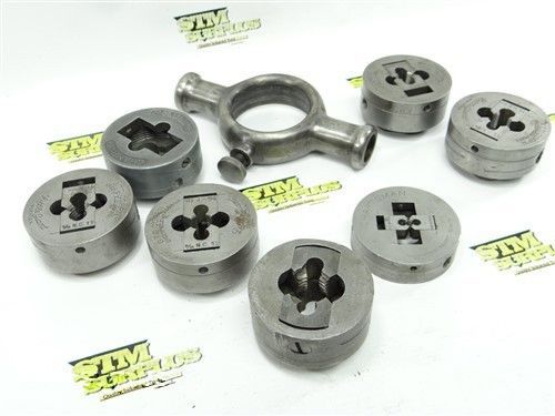 6 SETS HSS DIES 5/16&#034; -24 NF TO 5/8&#034; -11 NC WITH 7 DIE HOLDERS AND 2-3/4&#034; WRENCH