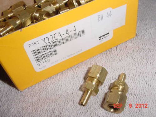 New box of (50) parker x22ca-4-4 solid brass pneumatic 1/4&#034; compression fittings for sale