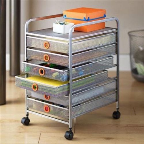 Design Ideas-Mesh Works- Digit 6-Drawer Cart - Silver Metal / Orange Silicone