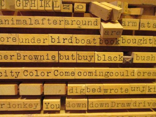 Vintage rubber on wood printers block words and letters for sale