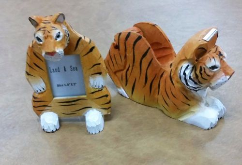 Tiger Tape Dispenser &amp; Picture Frame Set - Hand Painted Wood Desk Accessories