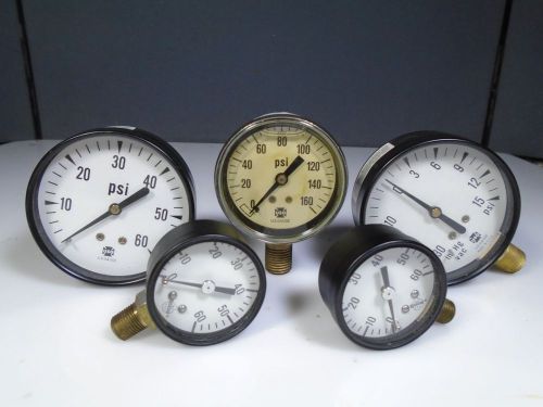 Lot of 5 Vintage Brass Pressure Gauges By US Gauge of NY Steampunk, Antique nice