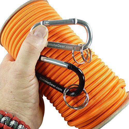 Shock Cord - ORANGE 3/16&#034; x 50 ft. Spool. Marine Grade, with 2 Carabiners &amp; Knot