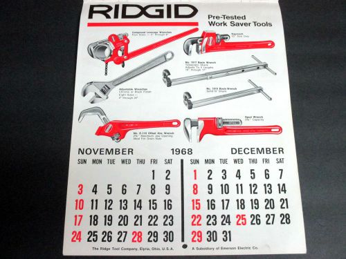 VINTAGE RIDGID TOOLS NOVEMBER/DEC 1968 2 SIDED CALENDAR LITHOGRAPH, VF