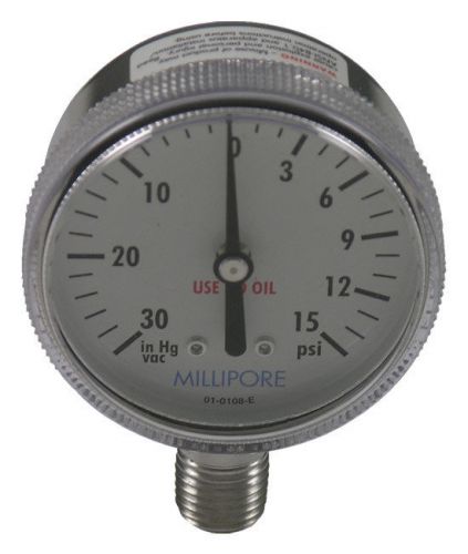 Millipore S122 Vacuum/Pressure Gauge, 30inHg - 15 psi, 1/4&#034; NPT Lower Mount