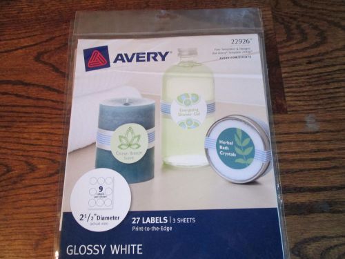 AVERY GLOSSY 2.5&#034; WHITE ROUND LABELS 22926.- 27 Labels 3 Sheets Print To Edge