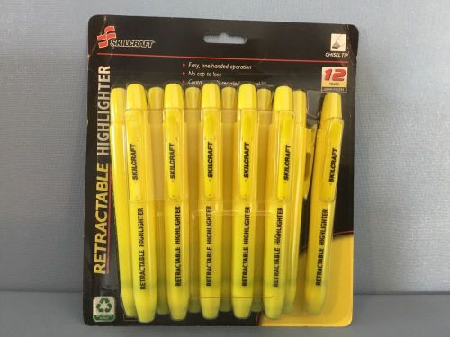 (12) Yellow Skilcraft Retractable Highlighter Chisel Tip One-Handed No Cap *NEW*