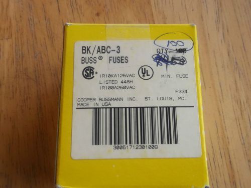 ABC-3  BOX OF 100  NEW BUSSMANN  1/4X1 1/4 3A 125VAC