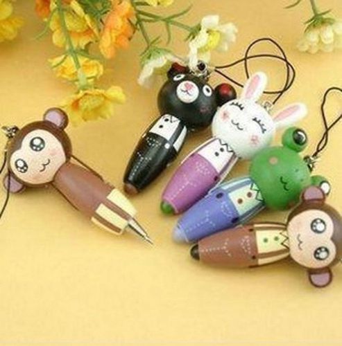 Colorful cute cartoon animal wooden ball point pen mobile pendant,random color for sale