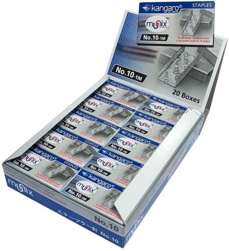 20x1000 Staples Kangaro Regular Stapler Pins No.10 (Set of 20 BOX, Metallic)