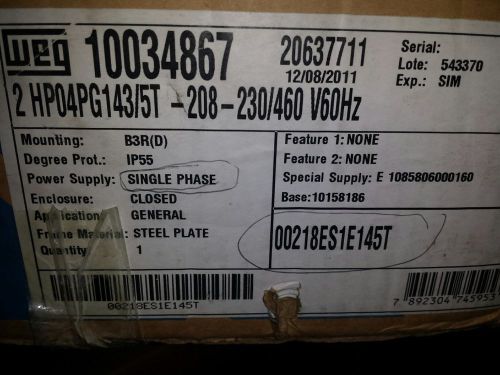 WEG Electric Motor NIB 00218EP3E145T 2 HP, 1800 RPM, 1 PH, 145T Frame, TEFC