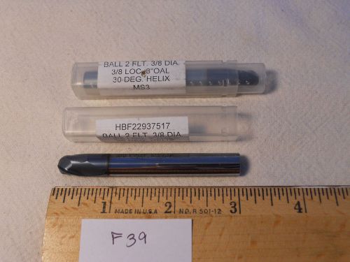 2 NEW CARBIDE ENDMILLS 3/8&#034; DIA. 3/8&#034; SH. 2 FLUTE. LONG. BALL COATED F39