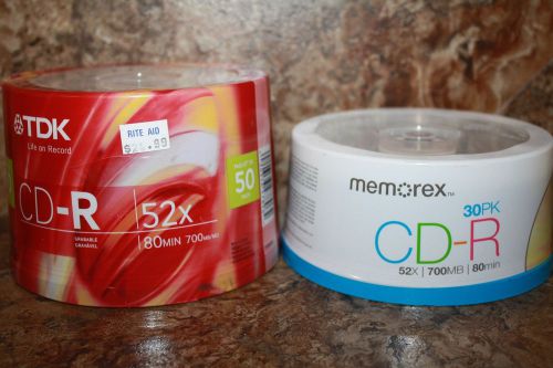 TDK CD-R 52X 50 COUNT &amp; MEMOREX CD-R 52X 30 COUNT - 80 TOTAL CD-R DISCS - SEALED