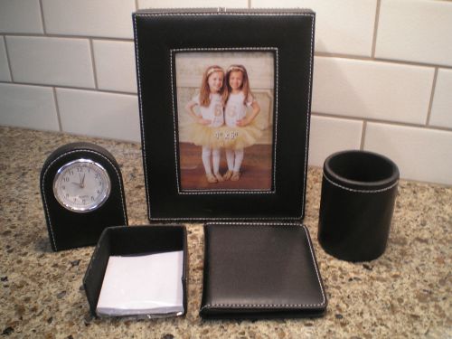 Black Faux Leather Photo Box Frame Clock Office Desk Business Card Organizer Set