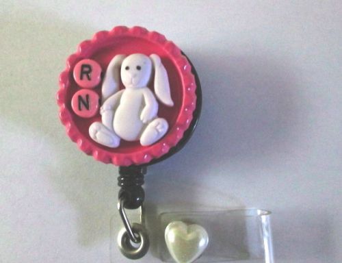 BUNNY RABBIT RN WITH CRYSTAL ON SNAP IDBADGE RETRACTABLE REEL,NURSE,MOM,TEACHER