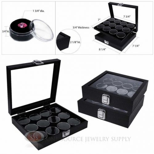 (3) Black 12 Gem Jar Inserts w/ Glass Top Display Cases Gemstone Storage Jewelry