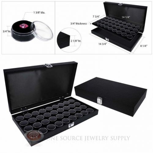 (2) Black Wooden Solid Top Display Cases w/ 2 Black 36 Gem Jar Gemstone Inserts