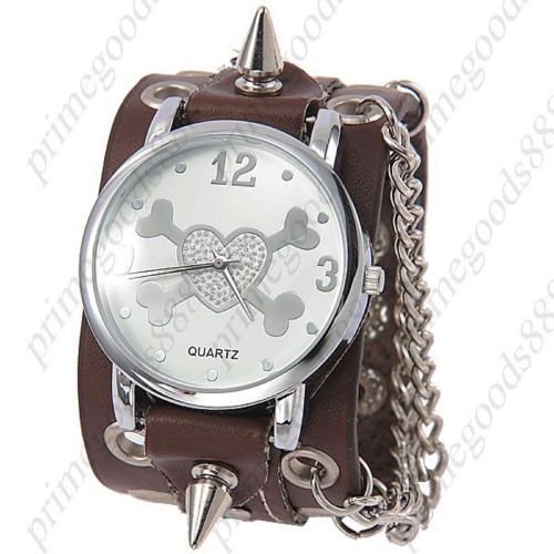 Heart Cross Bones Rhinestones Quartz Analog PU Leather Wrist Wristwatch Brown