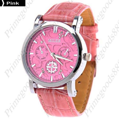 Round pu leather lady ladies analog wrist quartz wristwatch women&#039;s pink for sale