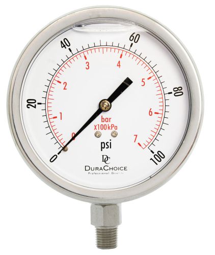 4&#034; All Stainless Steel Oil Filled Pressure Gauge - 1/4&#034; NPT Lower Mount 100PSI