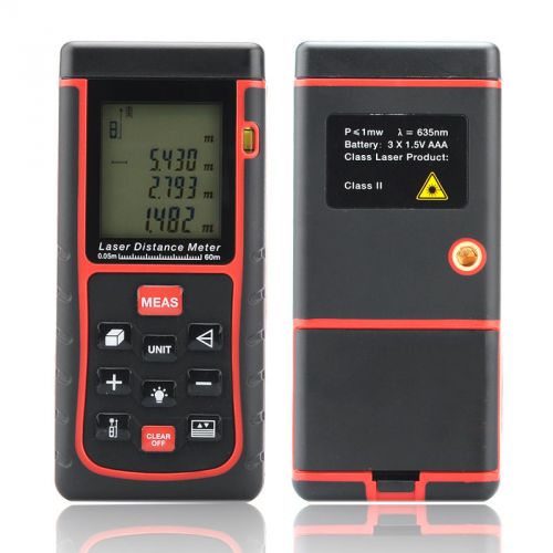 Laser measurer - 0.05 to 60 meter range, carry case, spirit level, wrist strap for sale