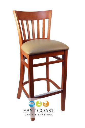 New gladiator cherry vertical back wooden bar stool with tan vinyl seat for sale