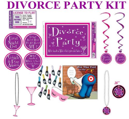 DIVORCE PARTY KIT - MARTINI BEADS, LICENSE TO FLIRT, DECAL, COASTERS, GAME &amp;MORE