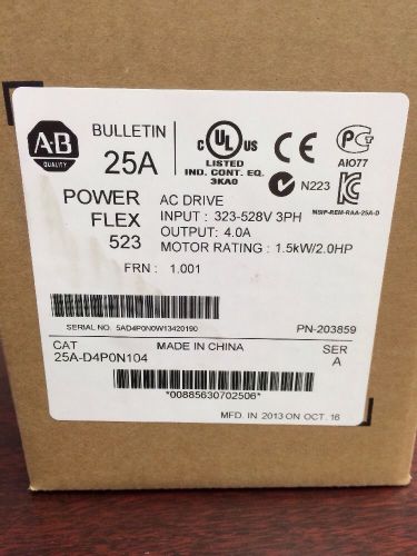 New Sealed Allen Bradley 25A-D4P0N104 /A 2013 PowerFlex 523 AC Drive 480V 4A 2HP