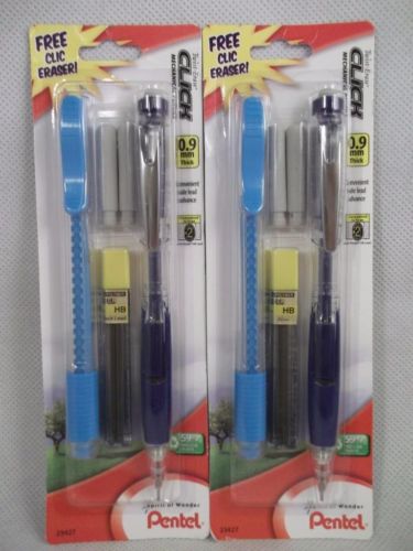 2 Pentel Twist Erase Click Mechanical Pencil 0.9mm Clic Eraser Lead Refill