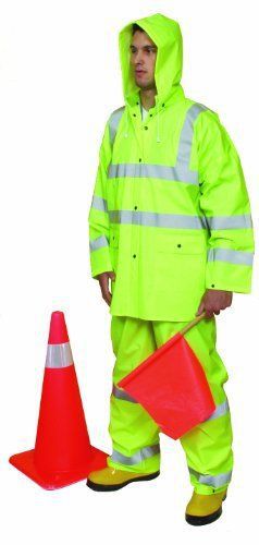 Mutual 14511 3 Piece PVC/High Visibility Polyester ANSI Class 3 Rain Suit, Lime