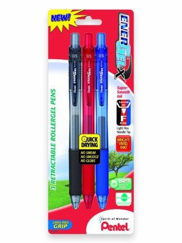 Pentel EnerGel-X Retractable Liquid Gel Pen 0.5mm, Needle Tip, Assorted Ink (3